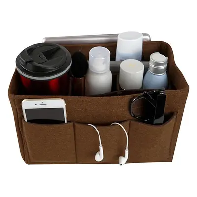 (Coffee, L) Felt Insert Bag Multi Pockets Cosmetics Organizer