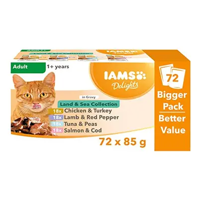 IAMS Delights Complete Wet Cat Food for Adult 1+ Cats Meat and Fish Variety in Gravy Multipack x