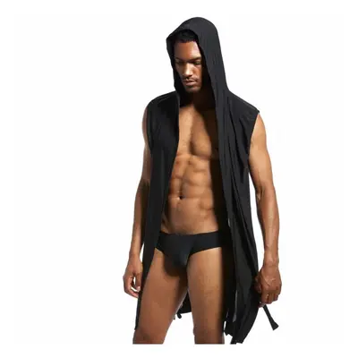 (Black, L) Men Sexy Bathrobe Ice Silk Hooded Pajamas