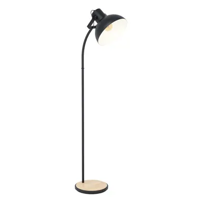 Standing Floor Lamp Light Cruved Black Base / Shade & Wood x 28W E27 Bulb