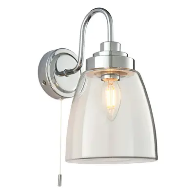 IP44 Bathroom Wall Light Chrome & Domed Clear Glass Modern Curved Arm Oval Lamp