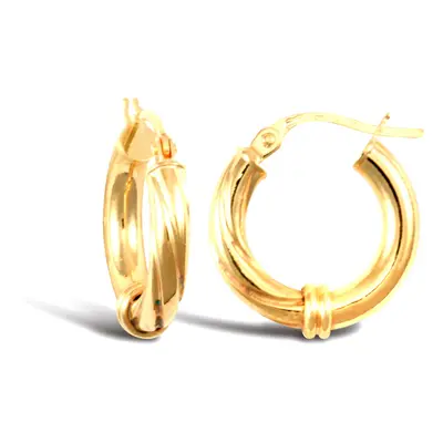 Jewelco London Ladies 9ct Yellow Gold Half and Half Twisted Collar 3mm Hoop Earrings 16mm - JER0