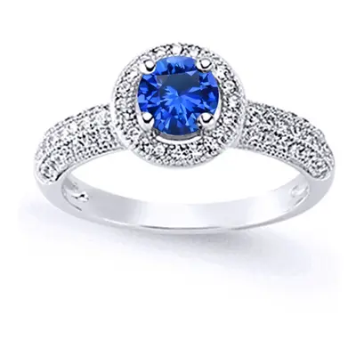 (O) Jewelco London Ladies Rhodium Plated Sterling Silver Blue Cubic Zirconia Halo Engagement Rin