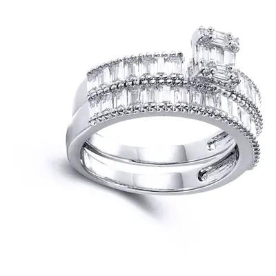 (O) Jewelco London Ladies Rhodium Sterling Silver Round & Baguette CZ Shoulder-set Bridge Solita