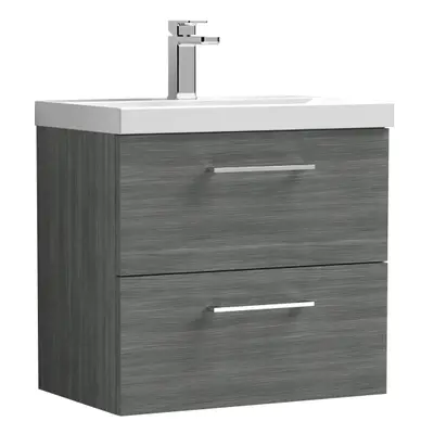 Wall Hung Drawer Vanity Unit with Mid-Edge Ceramic Basin, 600mm - Woodgrain Anthracite