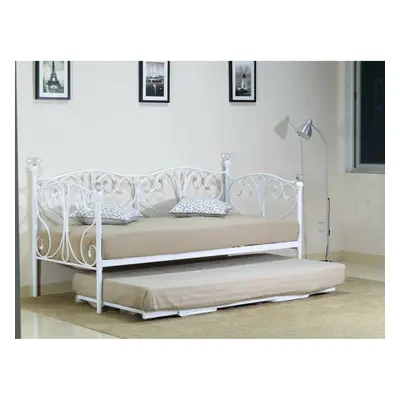 (2ft6 small single, White) Geovana Metal Day Bed with Crystal Finials with Trundle Option with L