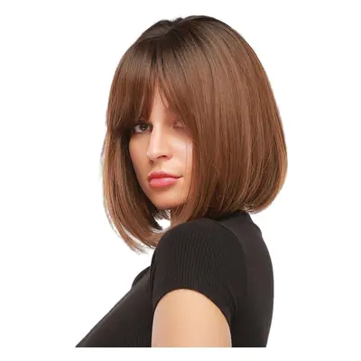 Black Gradient Brown Short Straight Hair Fluffy Head Full Head Cover Wig