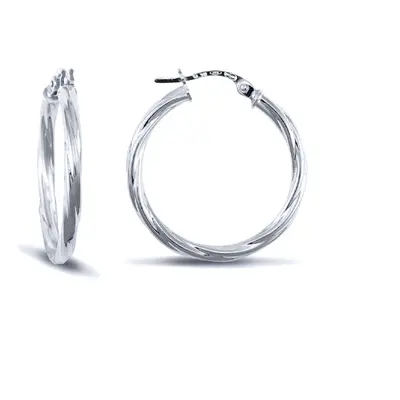 Jewelco London Ladies 9ct White Gold Twisted 2.5mm Hoop Earrings 25mm - JER561C