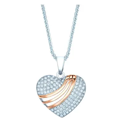 Jewelco London Rhodium & Rose Gold Plated Sterling Silver White Cubic Zirconia Heart swoosh Char