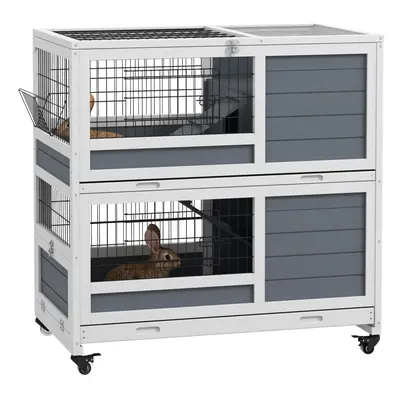 PawHut Double Deckers Indoor Rabbit Hutch w/ Feeding Trough, Slide-Out Trays