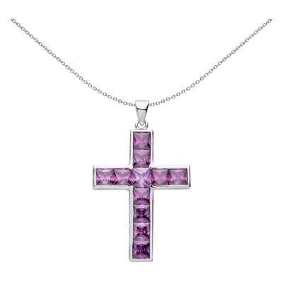 Jewelco London Unisex Sterling Silver Purple Princess CZ Minimalist Bezel Channel Set Cross Pend