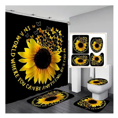 4PCS Sunflower Printing Waterproof Shwoer Curtain Set Anti-slip Dustproof Bath Toilet Seat Cover