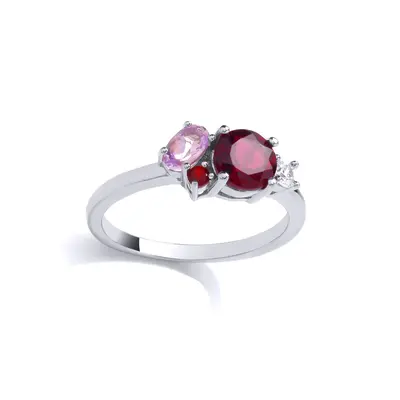 (K) Jewelco London Sterling Silver Garnet, Rhodolite & Pink Created Amethyst CZ Fancy Ring Cockt