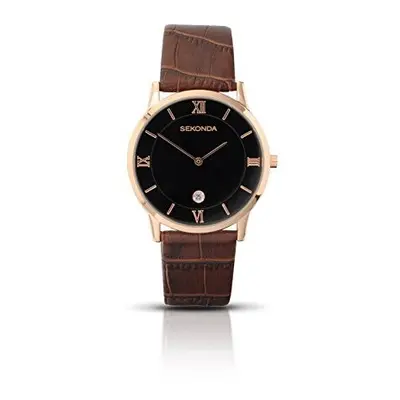 Sekonda Men's Quartz Watch with Black Dial Analogue Display and Brown Leather Strap 3207.27