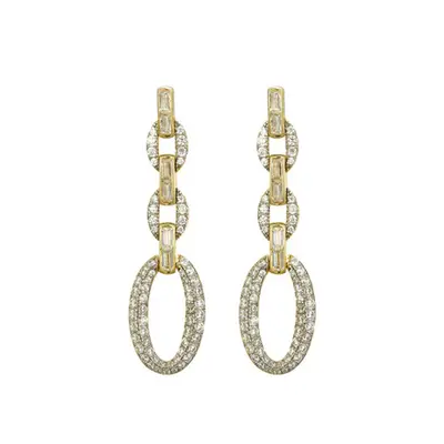 Jewelco London 14k Gold-plated Silver White Baguette CZ Encrusted Oval Link Chain Drop Earrings 