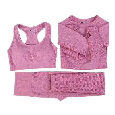 (Pink, 3Pcs Set) Women Seamless Yoga Set Gym SportWear Running Outwork Fitness Long SLeeve High 