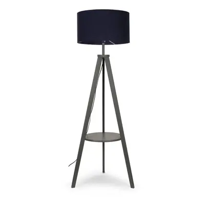 Modern Grey Wood Tripod Design Floor Lamp with Storage Shelf & Navy Blue Drum Shade - Complete w