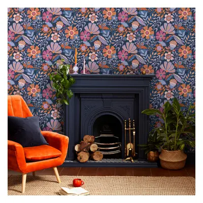 Envy Oopsy Daisy Blue/Lilac/Tangerine Floral Wallpaper