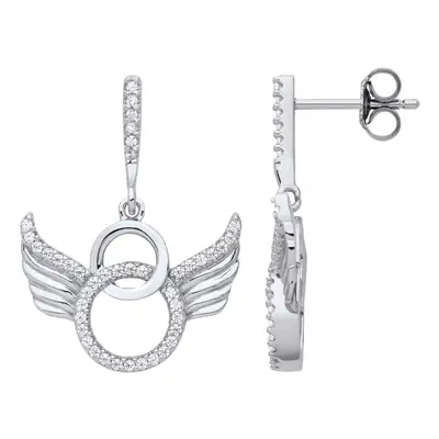 Jewelco London Ladies Rhodium Plated Sterling Silver CZ Halo Angel Wings Devil Horns Drop Earrin