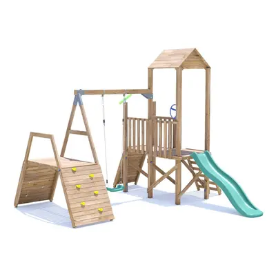 FrontierFort Climbing Frame with Single Swing, LOW Platform, Climbing Wall & Slide