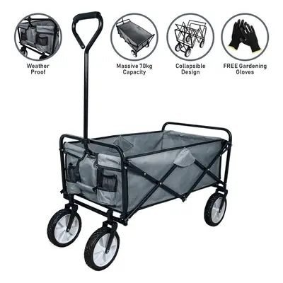 (Grey) Foldable Garden Cart Red Pull Wagon Trolley Folding