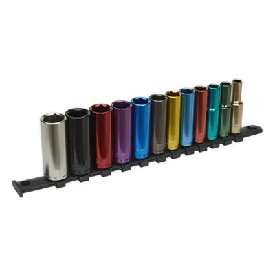 12 PACK Multi Colour DEEP Socket Set 3/8" Metric Square Drive - Pt WallDrive