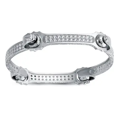 Jewelco London Mens Rhodium Plated Sterling Silver Round Cubic Zirconia Spanner & Socket Bangle 