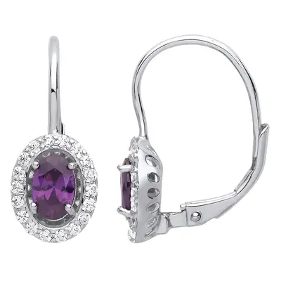 Jewelco London Ladies Sterling Silver Purple Oval Cubic Zirconia Solitaire Halo Drop Earrings - 