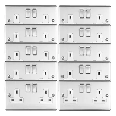 10 PACK Gang Double UK Plug Socket SATIN STEEL & White 13A Switched Outlet