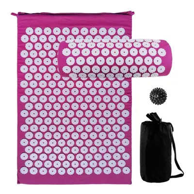 (Purple) Acupressure Mat and Pillow Set with Spiky Massage Ball Carry Bag for Back Neck Pain Str