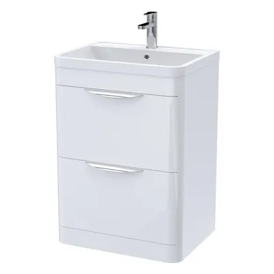 Floor Standing Drawer Vanity Unit with Ceramic Basin - 600mm - Gloss White