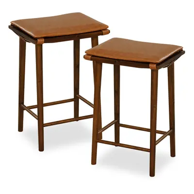 Set of Bar Stools Counter Height Stools Saddle Seat with Solid Wood Legs