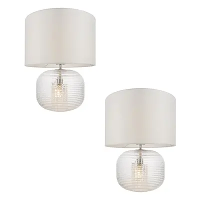 2 PACK Clear Ribbed Glass Twin Lit Table Lamp Light & Vintage White Fabric Shade