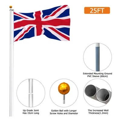 7.5M 25FT UK Flags Aluminium Pole Set Telescopic w/Gold Ball,Flagpole