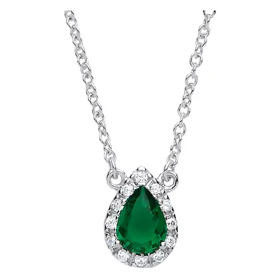 Jewelco London Ladies Sterling Silver Emerald-Green Pear Cubic zirconia Teardrop Halo Charm Neck