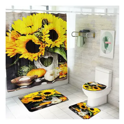 (Type A) 4PCS Non Slip Sunflower Pattern Toilet Polyester Cover Mat Set Waterproof Bathroom Show