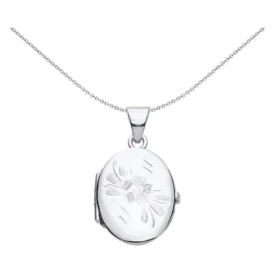 Jewelco London Ladies Rhodium Plated Sterling Silver Flower Engraved Oval Locket Pendant Necklac