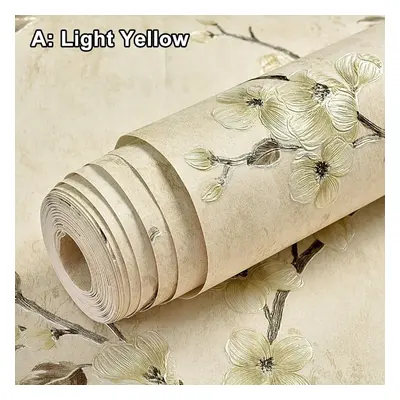 (Light Yellow) 3D Floral Embossed Wallpaper Self Adhesive Non-woven Wallpapers Home Decor 5M