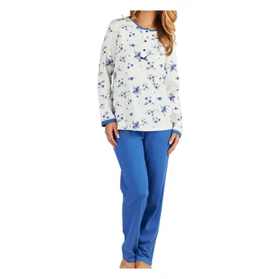 (Blue, UK 10/12) Slenderella Ladies Jersey Cotton Floral Top & Plain Bottoms Pyjamas