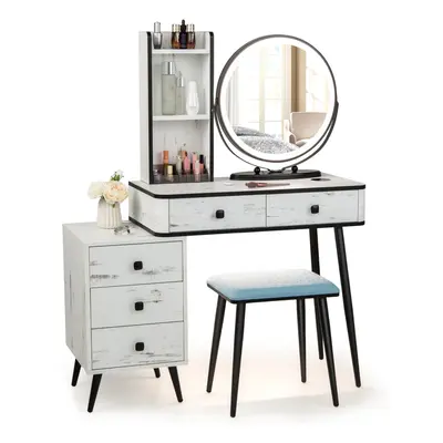 Dressing Vanity Table Stool Set W/ 3-Color Lighted Mirror &Drawer Chest