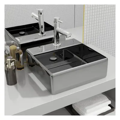 vidaXL Wash Basin with Overflow 41x41x15 cm Ceramic Silver Bathroom Home Bow