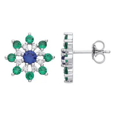 Jewelco London Ladies Rhodium Plated Sterling Silver Blue Green CZ Point Flower Snowflake Cluste