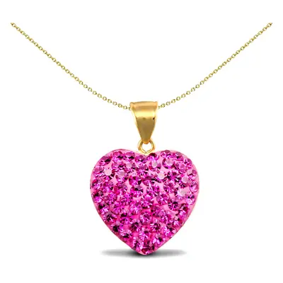 Jewelco London Ladies 9ct Yellow Gold Hot Pink Round Crystal Love Heart Charm Pendant - JPD567