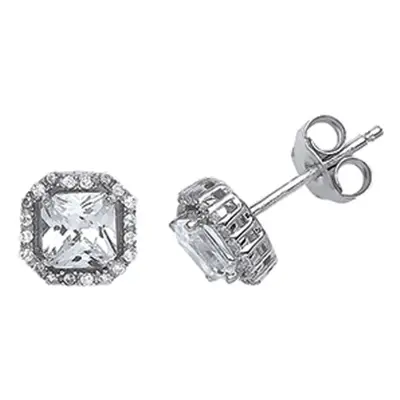 Jewelco London Ladies Sterling Silver Princess Cut Cubic Zirconia Halo Stud Earrings - GVE540