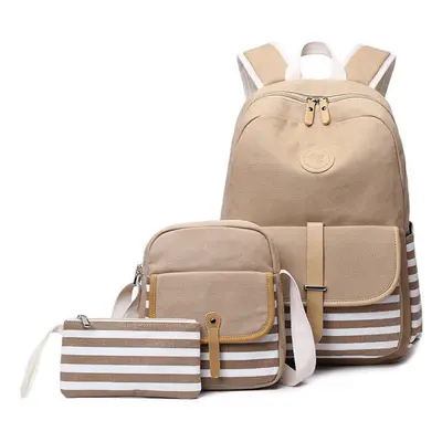 (Khaki) 3Pcs/Set Canvas Backpack Rucksack School Bag Waterproof Shoulder Bag Outdoor Travel