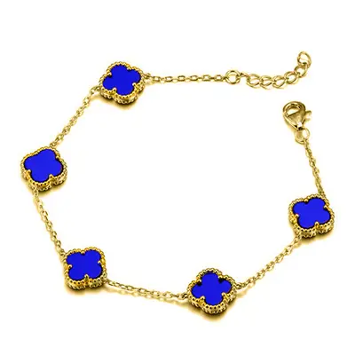 Jewelco London Gold-plated Silver Blue Clover Agate Lucky Charm Station Bracelet 7-8.5" - ABB247