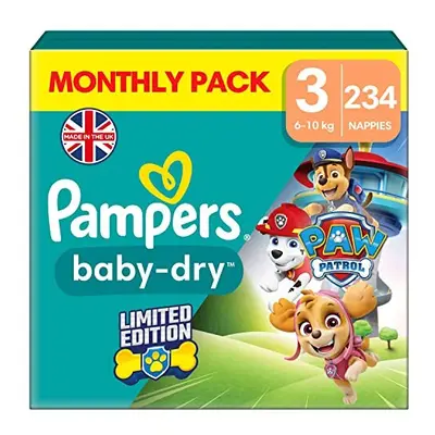 Pampers Baby-Dry Paw Patrol Edition Size 3, Nappies, 6kg-10kg, Monthly Pack, Up to 12h of All-Ar