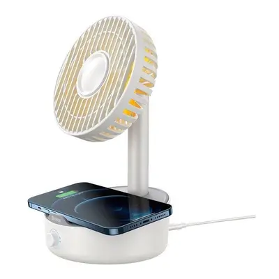 (White) Desktop Oscillating Fan Portable Fan Cooler Support 10W Wireless Charger Low Noise with 