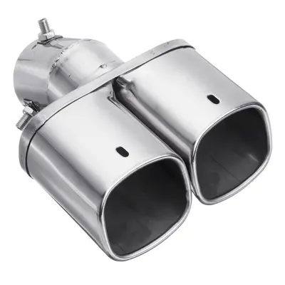 (Silver) Universal Square Double Outlet Half-Grilled Blue Muffler Exhaust Tip End Tail Pipe