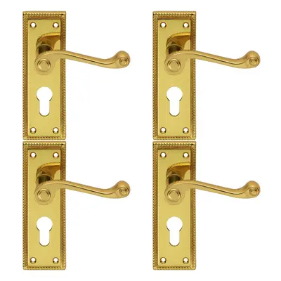 4x PAIR Reeded Design Scroll Lever on Euro Lock Backplate x 48mm Brass